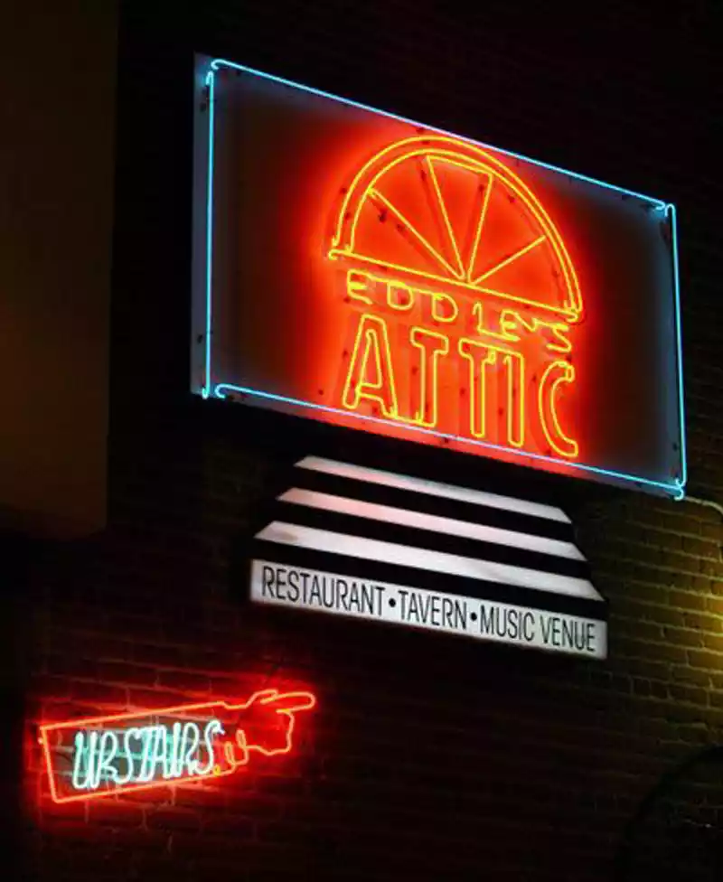 Exterior view of Eddies Attic, a music venue in Decatur, just outside of Atlanta