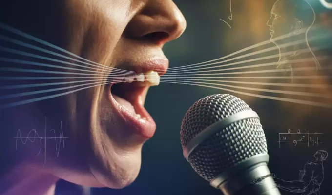 Close-up of a singer’s mouth and microphone with artistic sound waves and science-themed visual elements, illustrating the uniqueness of singing voices